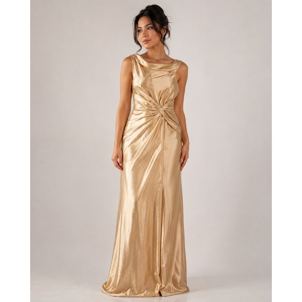 Galina Signature Gold Satin One Shoulder Draped Mermaid Formal Gown Dress 16
